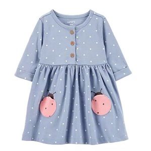 Carter’s long sleeve light blue polka dot ladybug dress 18 months NWT